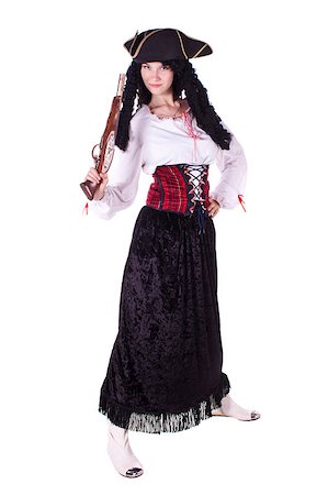 A woman dressed as a pirate, pistol and saber. White background. Studio photography. Stock Photo - Budget Royalty-Free & Subscription, Code: 400-04894299