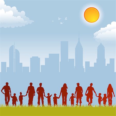 Big collect vector silhouettes of parents with children on urban background, element for design Stock Photo - Budget Royalty-Free & Subscription, Code: 400-04895180