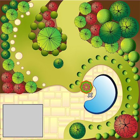 Colored Plan of garden with swimming pool Stock Photo - Budget Royalty-Free & Subscription, Code: 400-04895273