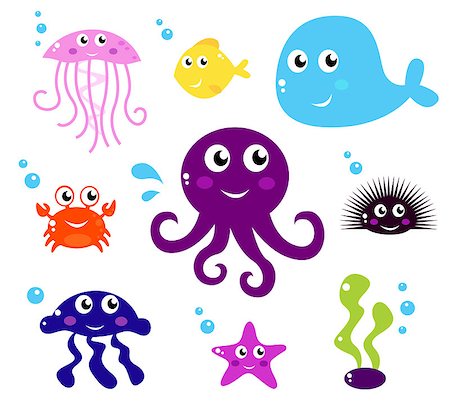 simsearch:400-04184146,k - Vector Icons Collection of Sea animals. Foto de stock - Super Valor sin royalties y Suscripción, Código: 400-04895456