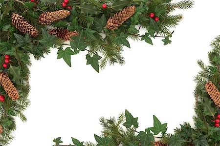 Christmas border of holly, ivy, pine cones and spruce fir leaf sprig isolated over white background. Foto de stock - Super Valor sin royalties y Suscripción, Código: 400-04895643