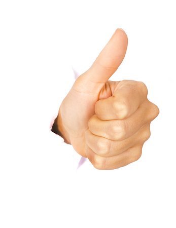 simsearch:400-05700994,k - Hand showing thumbs-up out of torn hole in white wall. All on white background Stock Photo - Budget Royalty-Free & Subscription, Code: 400-04897740