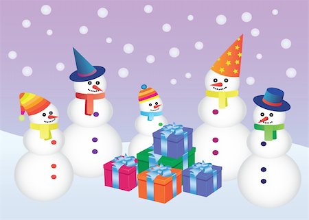 simsearch:400-05681859,k - Five snowmen standing around boxes with presents. Also available as a Vector in Adobe illustrator EPS 8 format, compressed in a zip file. Stock Photo - Budget Royalty-Free & Subscription, Code: 400-04899067