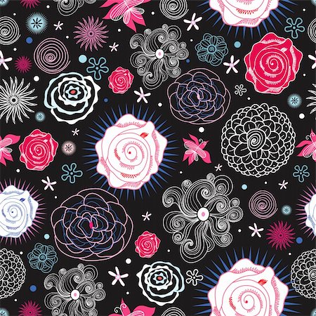 drawing of roses - seamless pattern of roses and graphic elements on a dark background Stock Photo - Budget Royalty-Free & Subscription, Code: 400-04899690