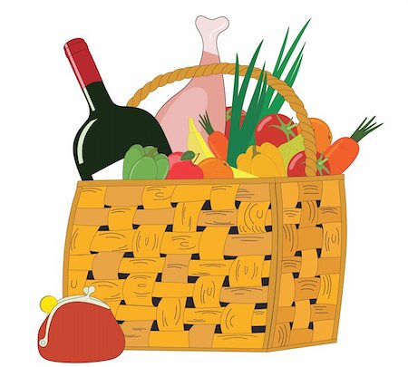 Wicker basket with food, a bottle and purse Foto de stock - Royalty-Free Super Valor e Assinatura, Número: 400-04899853