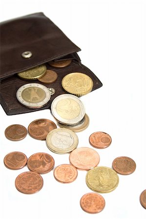 Euro coins spilling out of open leather wallet; isolated on white background. Photographie de stock - Aubaine LD & Abonnement, Code: 400-04899947