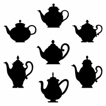 food antique illustrations - Black silhouettes of antique teapots or coffee pots. Design for your menu restaurant card Stock Photo - Budget Royalty-Free & Subscription, Code: 400-04890640