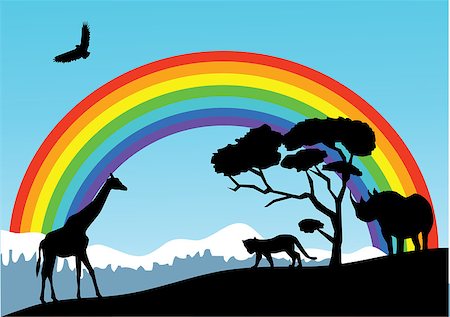 fields gold sunset - Vector illustration of African landscape with rainbow and animals Stock Photo - Budget Royalty-Free & Subscription, Code: 400-04891021