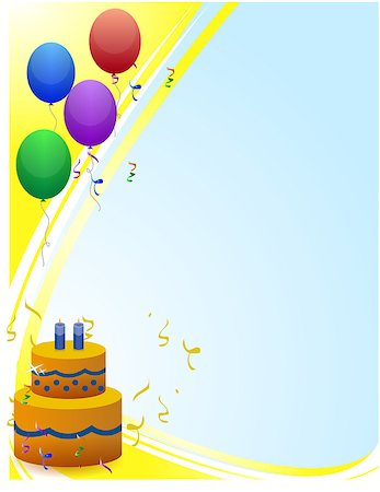 Happy birthday card with balloons rays of light and birthday cake Stock Photo - Budget Royalty-Free & Subscription, Code: 400-04891110
