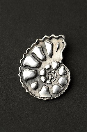 Silver seashell pendant (or brooch) on black paper. Fotografie stock - Microstock e Abbonamento, Codice: 400-04891963