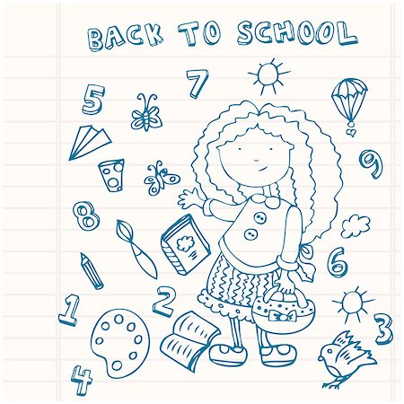 school bag pen - School girl background. Cartoon icons set Stock Photo - Budget Royalty-Free & Subscription, Code: 400-04892922
