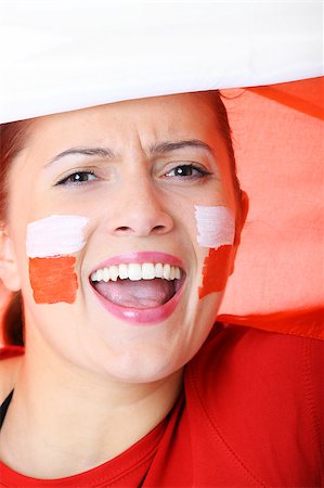 football faces paintings pictures - A picture of a happy Polish female fan cheering against Polish flag Stock Photo - Budget Royalty-Free & Subscription, Code: 400-04893359