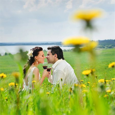 Bride and Groom kissing with a glasses in the field of dandelion Stock Photo - Budget Royalty-Free & Subscription, Code: 400-04893781