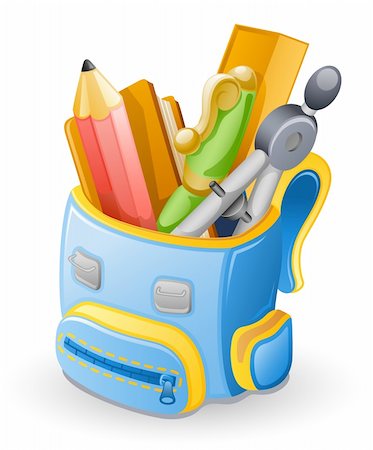 School bag: pencil, book, pen, ruler, compasses . Isolated on white background. Stock Photo - Budget Royalty-Free & Subscription, Code: 400-04905220