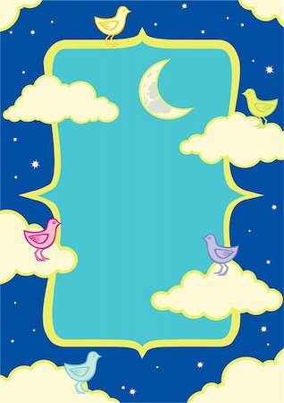 Illustration of birds in the clouds at night under the moon Stock Photo - Budget Royalty-Free & Subscription, Code: 400-04906004