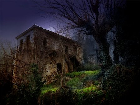 illustration of a dark haunted old house under moonlight Stock Photo - Budget Royalty-Free & Subscription, Code: 400-04906160