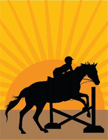 Silhouette of a child jumping a horse against an orange sunset background Stock Photo - Budget Royalty-Free & Subscription, Code: 400-04906316