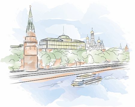 Big Palace of Moscow Kremlin with Moscow river, vector illustration Photographie de stock - Aubaine LD & Abonnement, Code: 400-04906404
