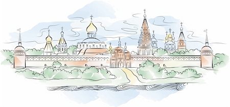The color drawing of Russian Monastery and river, vector illustration Photographie de stock - Aubaine LD & Abonnement, Code: 400-04906401