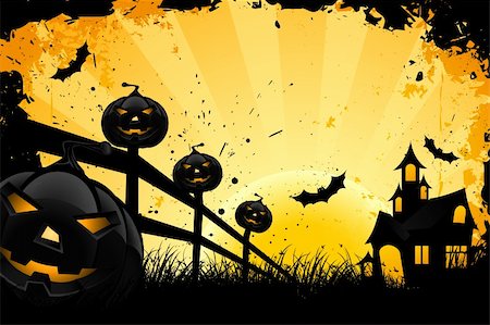 simsearch:400-06084547,k - Grungy Halloween background with pumpkins  bats house and full moon Stock Photo - Budget Royalty-Free & Subscription, Code: 400-04906854