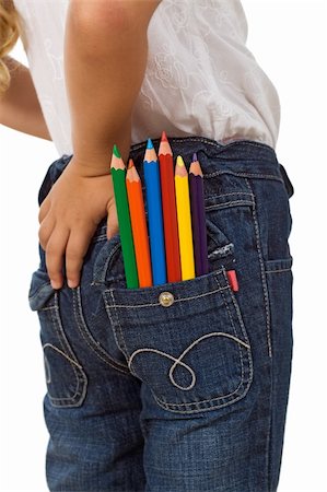 Child with color pencils in back pocket - back to school concept, isolated Stock Photo - Budget Royalty-Free & Subscription, Code: 400-04907040