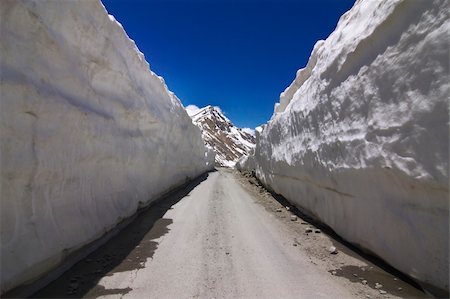 snowy road tree line - Barlachala pass in Leh Manali Highway, roads through ice walls with snow peak of himalaya in background Stock Photo - Budget Royalty-Free & Subscription, Code: 400-04908133