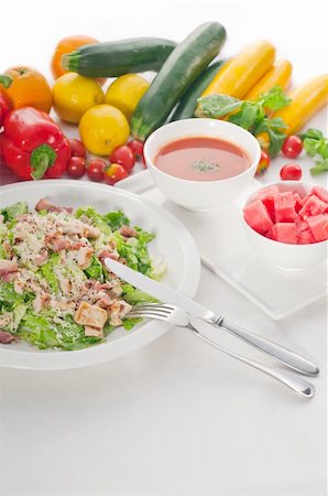 fresh classic caesar salad  served with gazpacho soup,healthy meal ,MORE DELICIOUS FOOD ON PORTFOLIO Stock Photo - Budget Royalty-Free & Subscription, Code: 400-04908231