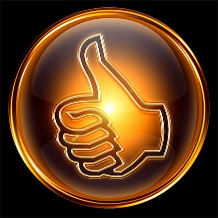 thumb up icon golden, isolated on black background Stock Photo - Budget Royalty-Free & Subscription, Code: 400-04908582