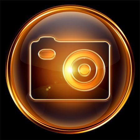 simsearch:400-03990194,k - Camera icon golden, isolated on black background. Fotografie stock - Microstock e Abbonamento, Codice: 400-04908595