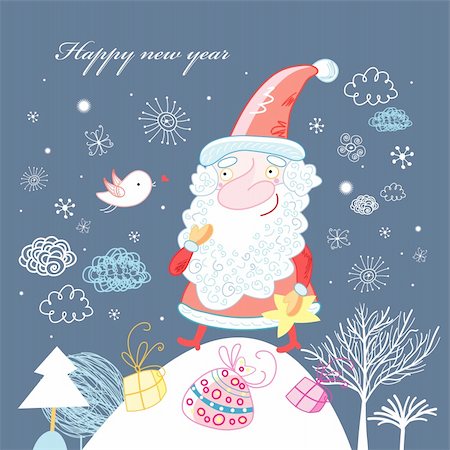 santa silhouette - bright cheerful card with Santa Claus on a blue background with snowflakes Stock Photo - Budget Royalty-Free & Subscription, Code: 400-04908934