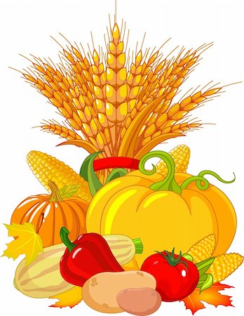 Seasonal design with plump pumpkins, wheat, vegetables and autumn leaves Stock Photo - Budget Royalty-Free & Subscription, Code: 400-04909738