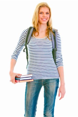 Cheerful teen girl with schoolbag holding books in hand isolated on white Stock Photo - Budget Royalty-Free & Subscription, Code: 400-04909937