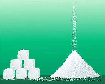 an illustration of a pile of sugar granules with a stack of sugar cubes on a green background Foto de stock - Super Valor sin royalties y Suscripción, Código: 400-04900342