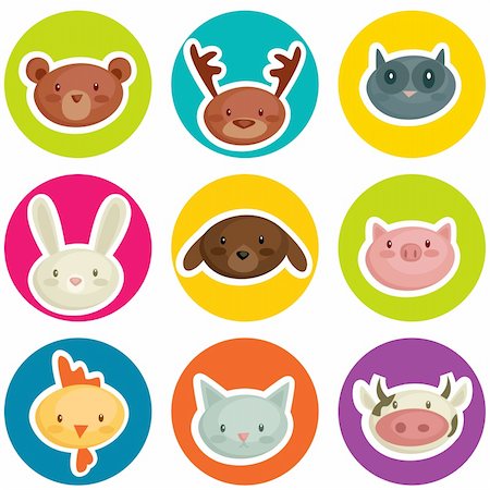 cartoon animal head stickers, vector illustration Foto de stock - Super Valor sin royalties y Suscripción, Código: 400-04900700