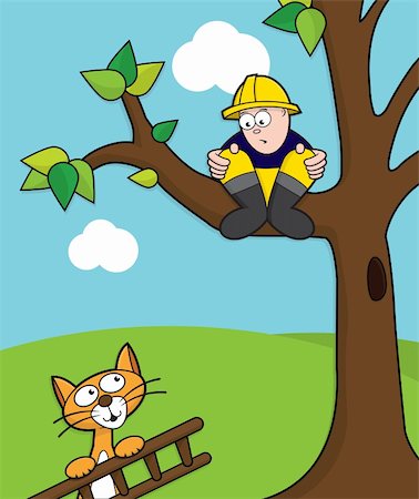 Cat coming to rescue a fireman stuck up a tree with ladder. Stockbilder - Microstock & Abonnement, Bildnummer: 400-04901579