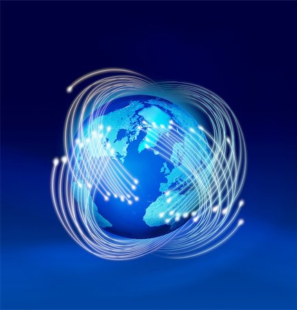 Optical fibres speeding around planet Earth, dark blue background Stock Photo - Budget Royalty-Free & Subscription, Code: 400-04901587