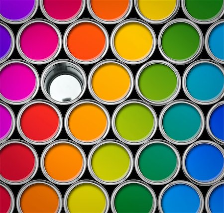 photography paint pigments - Paint tin color chart, cans opened top view isolated on white Stock Photo - Budget Royalty-Free & Subscription, Code: 400-04901590
