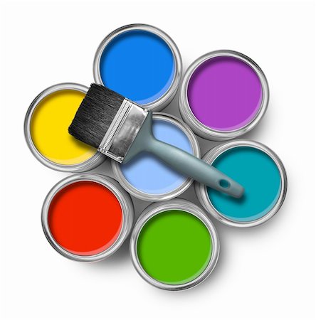 photography paint pigments - Color paint tin cans with brush top view isolated on white Stock Photo - Budget Royalty-Free & Subscription, Code: 400-04901725