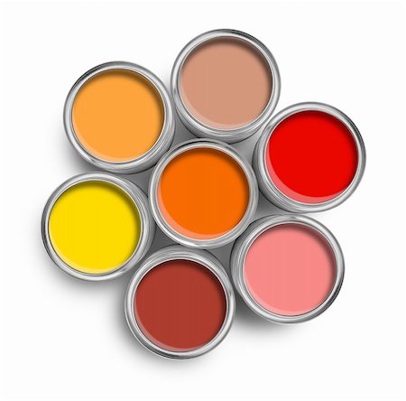 Warm color paint tin cans opened top view isolated on white Stock Photo - Budget Royalty-Free & Subscription, Code: 400-04901722