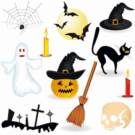 Halloween icon, pumpkin vector. Hat, candle, spider, broom, ghost, graveyard. Stock Photo - Budget Royalty-Free & Subscription, Code: 400-04902779