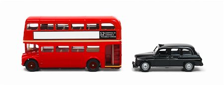 decker - Red London bus and black taxi in a row isolated on white Stock Photo - Budget Royalty-Free & Subscription, Code: 400-04902920