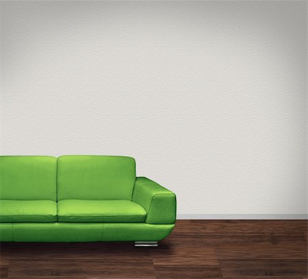 Modern green leather sofa in room with dark floor and white walls Stock Photo - Budget Royalty-Free & Subscription, Code: 400-04903122