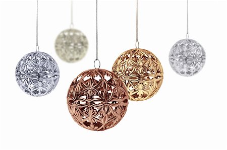 Gold copper silver Christmas balls hanging on white background Stock Photo - Budget Royalty-Free & Subscription, Code: 400-04903137