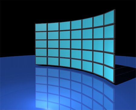 simsearch:400-05271794,k - Widescreen monitor display wall on dark blue reflective background Stockbilder - Microstock & Abonnement, Bildnummer: 400-04903142