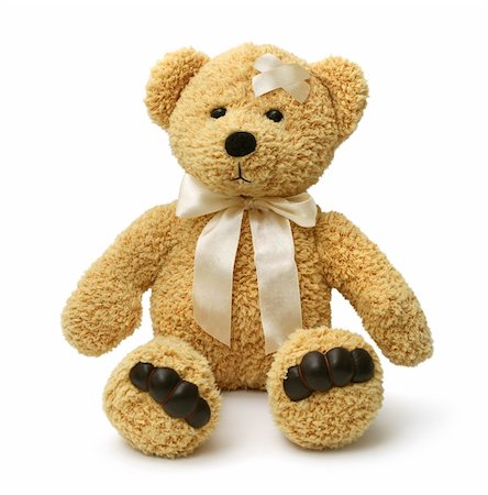 Injured teddy bear sitting sad on white background isolated Stock Photo - Budget Royalty-Free & Subscription, Code: 400-04903228