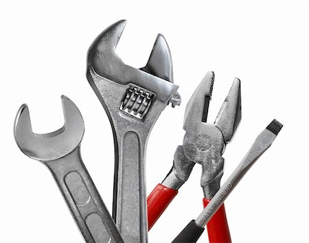 simsearch:700-01792289,k - Tool set of wrench, adjustable spanner, pliers and screwdriver isolated on white background Fotografie stock - Microstock e Abbonamento, Codice: 400-04903234