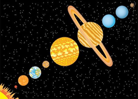 simsearch:400-09117900,k - Nine planets and sun standing in line in space. Also available as a Vector in Adobe illustrator EPS 8 format, compressed in a zip file. Stock Photo - Budget Royalty-Free & Subscription, Code: 400-04903385