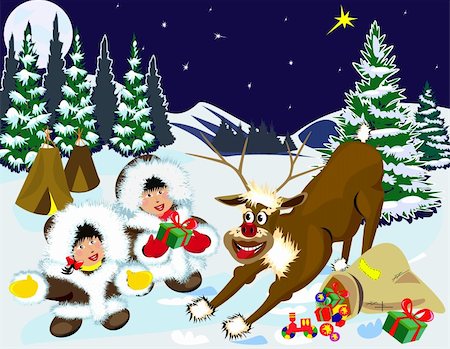 rudolf - Boy and girl meet in the woods with a deer Rudolf and receive gifts from him.   Vector EPS-8. Fotografie stock - Microstock e Abbonamento, Codice: 400-04903396