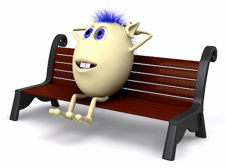 Blue haired puppet resting on brown park bench Stock Photo - Budget Royalty-Free & Subscription, Code: 400-04914349