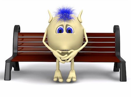 Blue haired puppet thinking on brown park bench Stock Photo - Budget Royalty-Free & Subscription, Code: 400-04914350